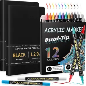 2 Pcs/200 Sheets Black Paper Sketchbook with 12 Metallic Marker Pens Set 6 x 8 in Black Writing Page Journal Notebook for Colored Gel Pens PU Hardcover Drawing Gifts
