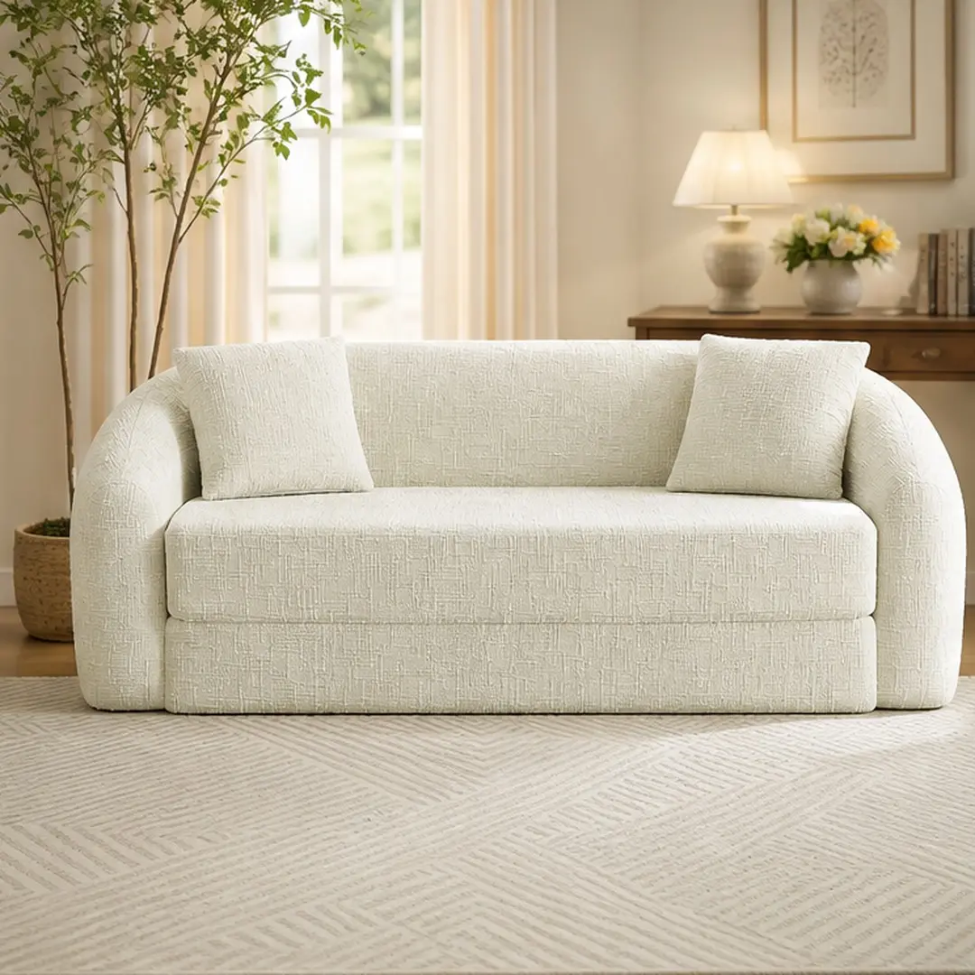 87-Inch Curved Convertible Sofa Recliner 2-in-1 Fold-Out Sofa Bed with Pull-Out Base Deep Seat Chenille Beige Two-Seater Couch with Pillows No Assembly Required for Living Room, Beige Color Options, Chenille Material, 2 Seat Seat Count