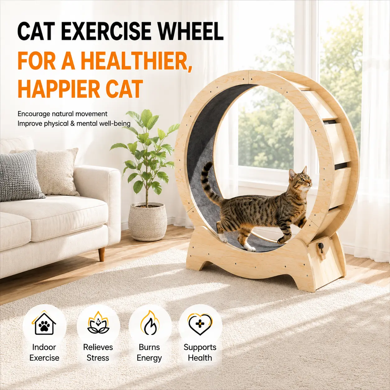 DKLGG 43.3in Cat Wheel Exerciser - Quiet Floor Roll, Solid Wide Base, Plain Finish Wood Frame, Detachable Carpet, Teaser, Easy Install, Noise Reduction Exercise Aid for Indoor Cats' Joint Health & Quiet Environment