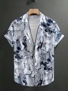 Men's Plus Size Button-Up Button Front Collared Short Sleeve Print Casual Everyday Wear Shirt, Casual Fashion Shirt, Tropical Summer Beach Vacation Loose Fit Design Breathable Top, Comfortable Regular Fit
