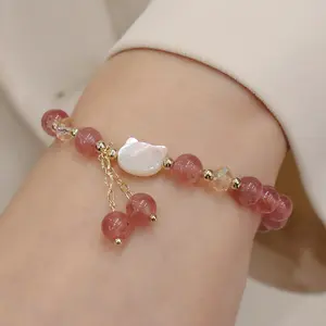 Natural Crystal Bracelet Women's Design Sense Strawberry Crystal Niche Handmade Strawberries Morgan Stone Bracelet Shell Cat
