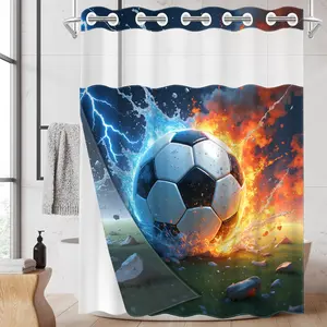 1PC/4PCS 2D Flat Printing Soccer with Fire, Water and Lightning Patterned shower curtain, home bathroom decor, shower curtain set with 12 hooks, non-slip bathroom rug, U-shaped toilet seat cover, toilet seat mat.