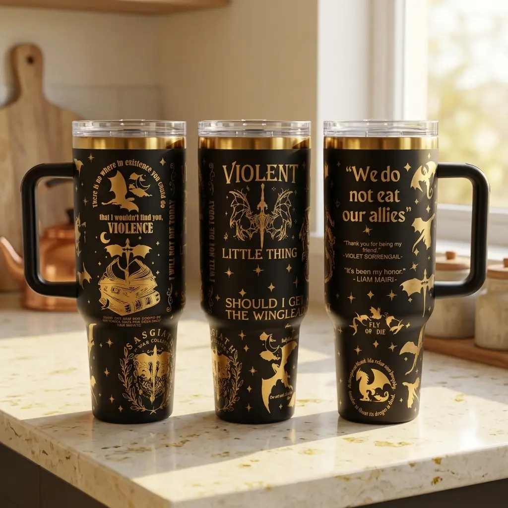 Fourth Wing V2 Tumbler 40oz, Iron Flame Tumbler, The Empyrean Bookish Gift, Handle Stainless Steel Tumbler 40oz,