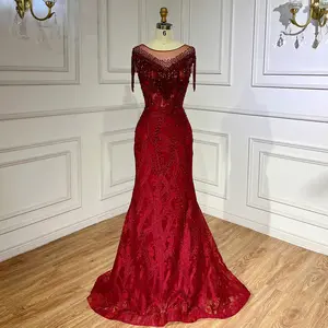 Crimson Cascade: 2025 Wine Red Lace Beaded Tassel Mermaid Evening Gown