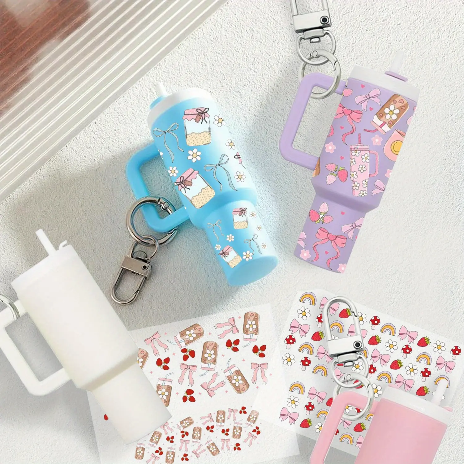 8pcs/16pcs Mini Cup Keychain Sets with DIY Bow Stickers, Cute UV DTF keychain wraps Colorful Water Bottle Accessories for Party Favors & Crafts, Plastic Material, Handbag Charms | Playful Design | Durable Plastic, Water Bottle Accessories