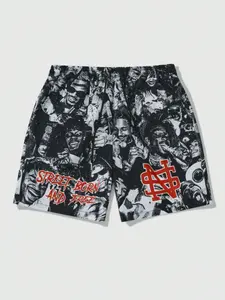 Men's & Women's Hip Hop Collage Print Casual Shorts, "Street Born And Free" Slogan, Drawstring Waist, Lightweight Breathable Material, Oversized Loose Fit, Easy To Pair With Tees & Hoodies, Great Gift For Hip Hop Enthusiasts