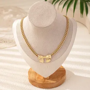Alloy necklace golden/silver bow pendant necklace ladies daily wear gift