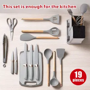 19-Piece Kitchen Utensil Set: Featuring 11 Heat-Resistant Silicone Spatulas, 6 Knives, 2 Cutting Boards (Black Wood & White Cookware), and Pink Wooden Tongs – Perfect for Cooking Enthusiasts