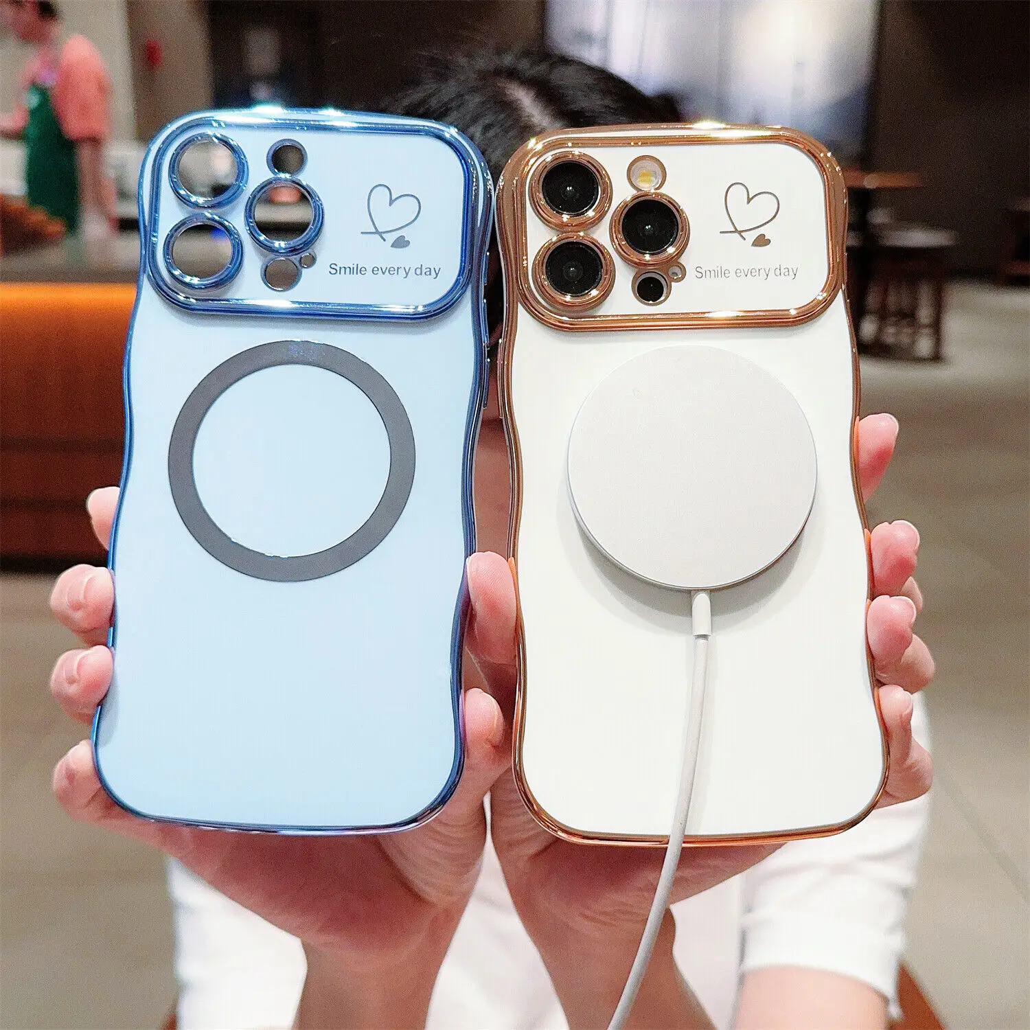 [FREE!SHIP] For iPhone 16 Pro Max 15 Plus 14 13 Magnetic Soft Cute Wave Frame Curly Shape Love Heart Luxury Plating Phone Case For MagSafe Shockproof