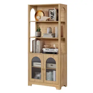 Giratree 71" Tall Bookshelf and Bookcase, 5-Tier Arched Bookshelf with Glass Doors, Floor Standing 5 Shelf Book case, Wood Display Cabinet Storage Organizer for Living Room, Bedroom, Office