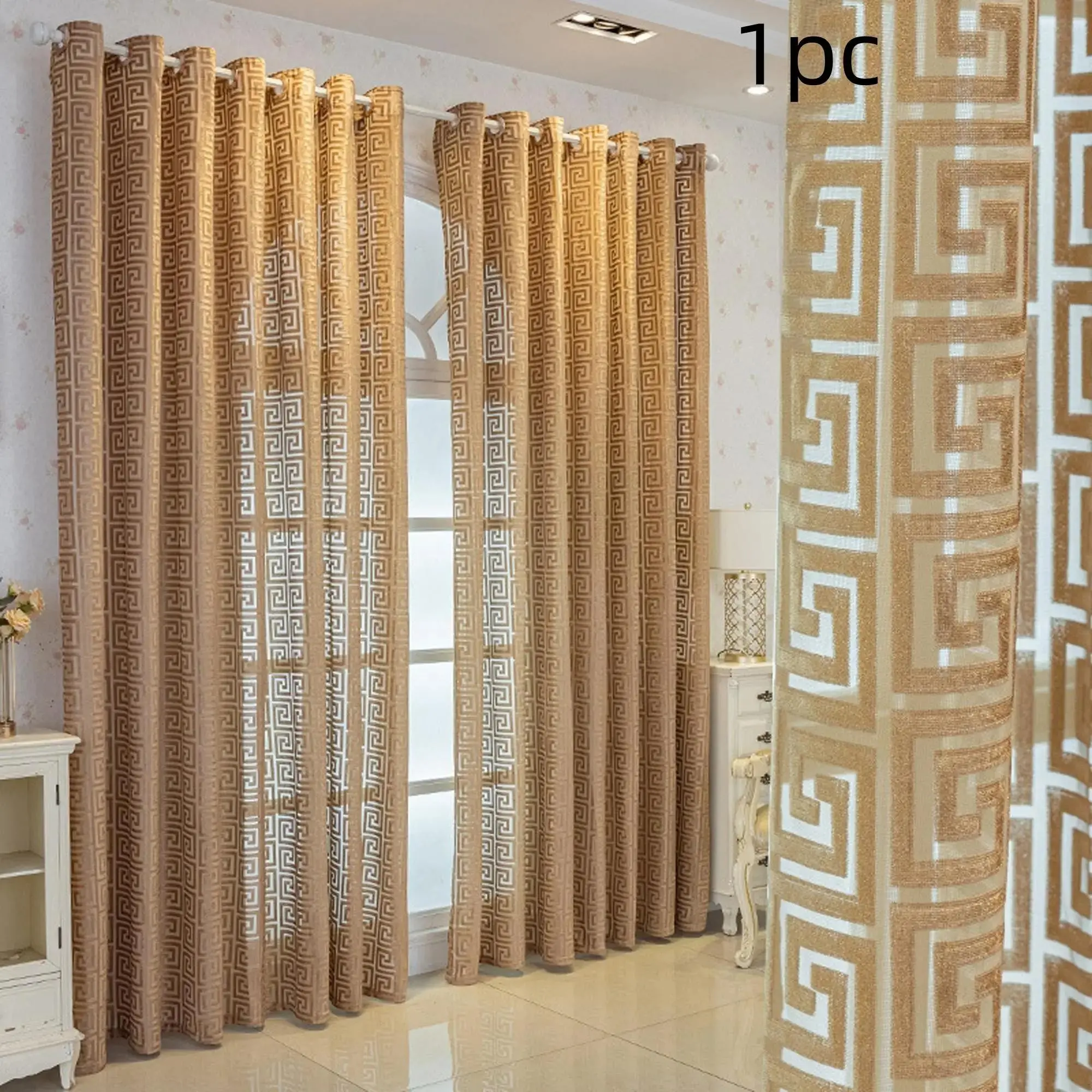 New Traditional Sheer Curtain, Light-Transmitting Semi-Sheer Living Room Balcony Curtain, Luxury Coffee Color Geometric Pattern, Grommet Curtains