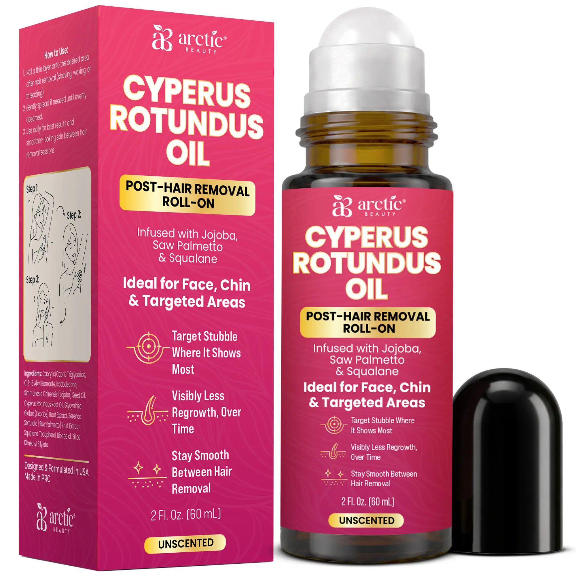 Arctic Beauty Cyperus Rotundus Oil - Natural Post-Hair Removal Roll-On - For Face, Chin, Armpit, & Targeted Areas - Unscented - 60mL
