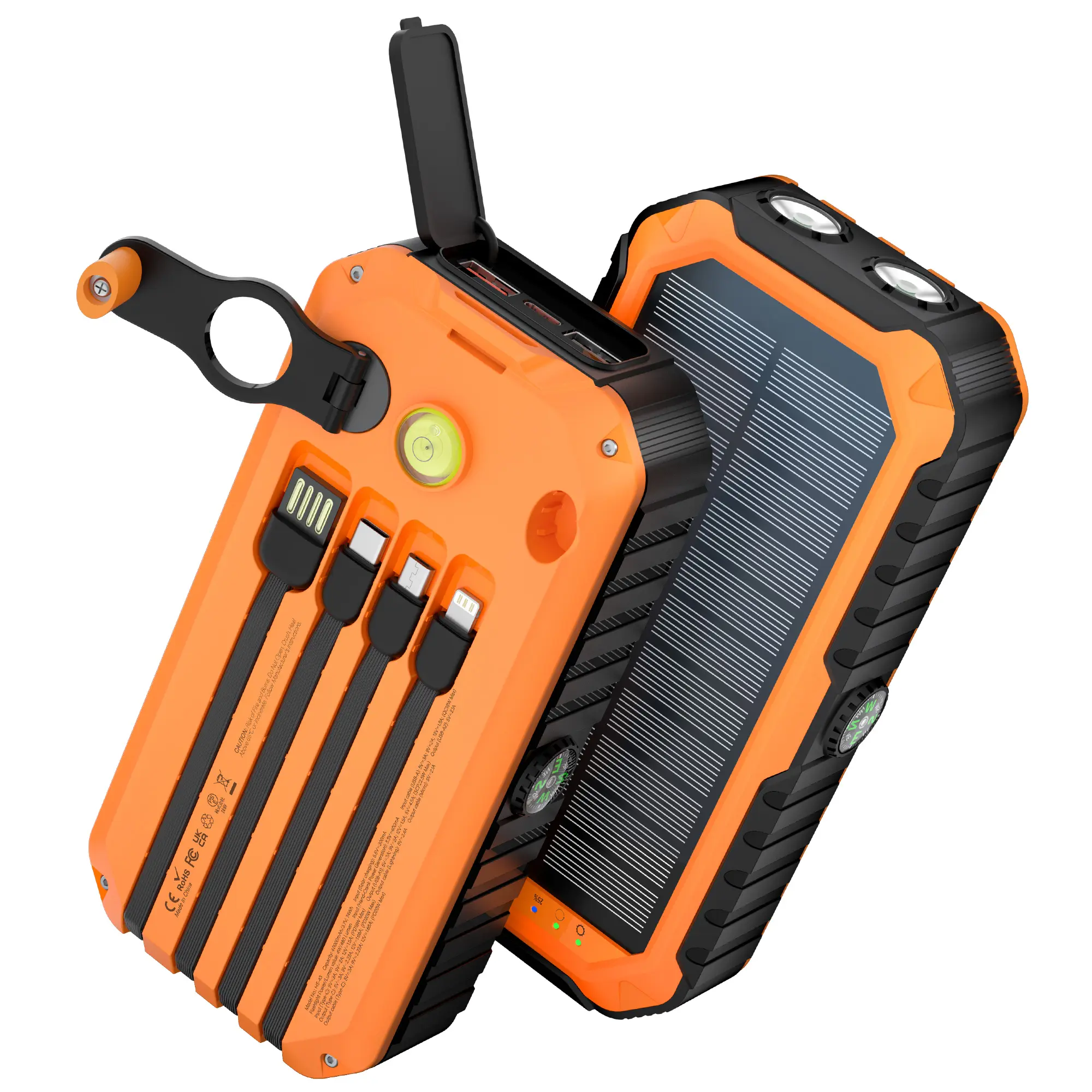 summerwins 40000mAh Solar Powered Hand-Crank Universal Power Bank Charger - 4 Built-in Cables, 6 Outputs, 3 Inputs, USB-C PD20W Fast Charging, Bright Flashlight, Compass, Chargeable Phone Accessories for Smartphones & Devices, Father's Day Gift