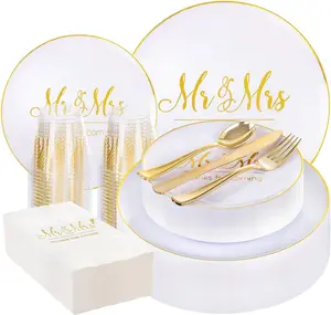 I00000 Mr and Mrs Wedding Plastic Plates and Napkins Set,Bridal Shower Plates Set for 25 Guests Include 25 Dinner Platos,25 Dessert Platos,25 Cups,25 Napkins,25 Gold Cutlery for Engagement Party Decor