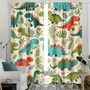 Cartoon Dinosaur Print Curtains Set, Half-Transparent Polyester Fabric, Rod Pocket Design, Bedroom Living Room Dining Decor, Home Decoration Curtain, Window Curtain