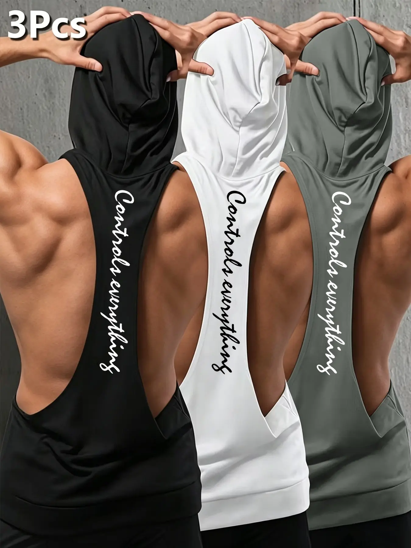 3-Pack Men's Hooded Tank Tops, 'controls Everything' Print, Backless Fitness Wear, Breathable Gym Shirts, Casual Workout Tops, Casual Sport Top, Ideal for Bodybuilding & Training, Activewear Clothes, Breathable Sports Top