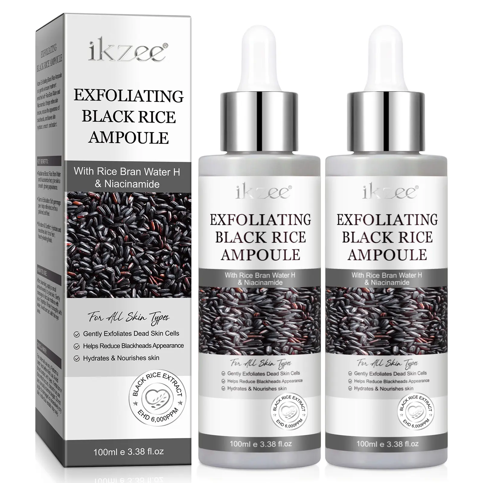 ikzee Black Rice Exfoliating Ampoules 100ml x 2 bottles Hydration Exfoliation Duo Exfoliate Nourish Bundle. A gentle daily scrub for face and body, it brightens and removes dead skin cells from all skin types. Ideal for daily skincare.