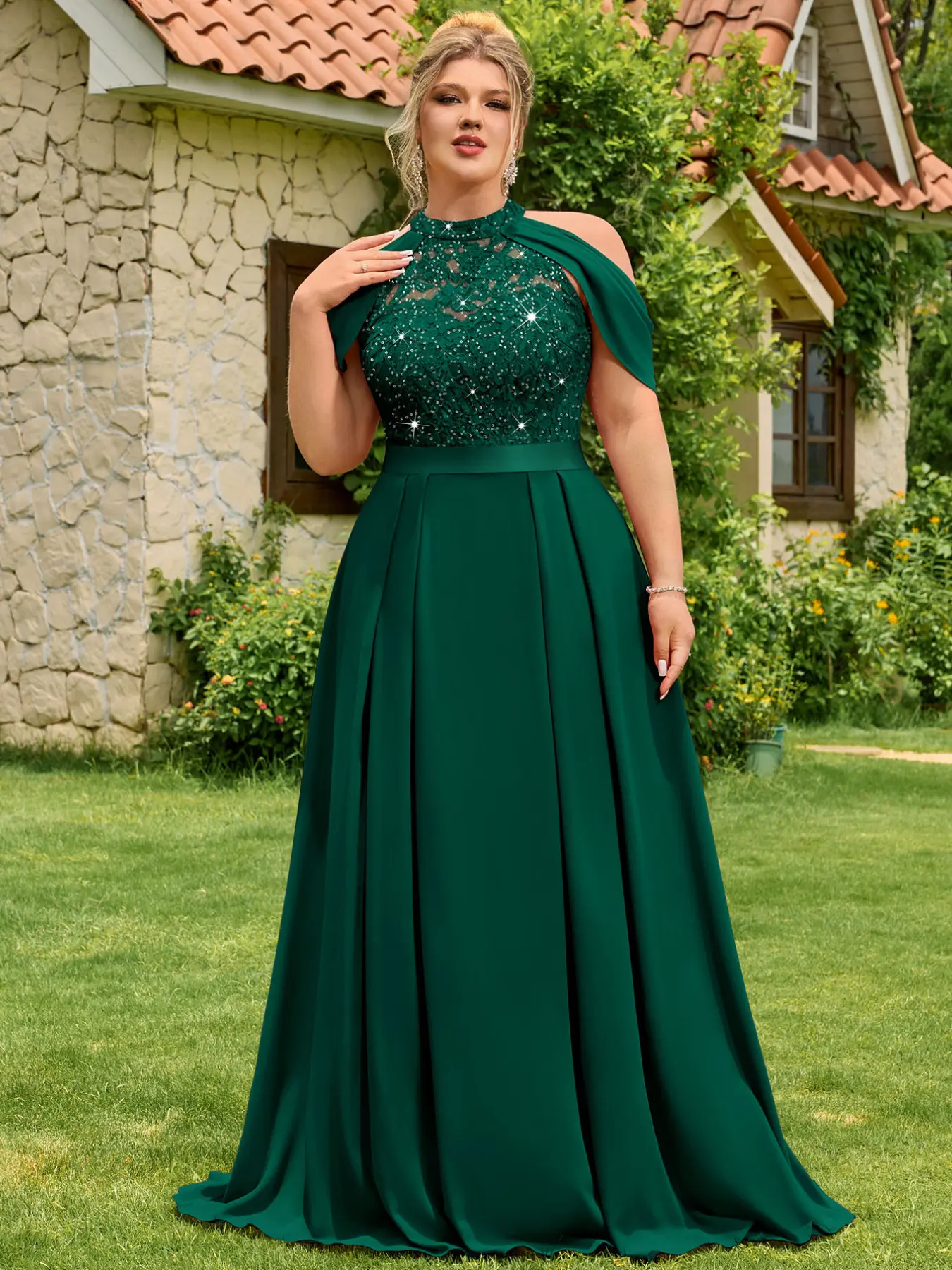 MISSMAY P25636A Plus Halter Neck Sequin Floral Lace Cutout Shoulder Cape Sleeve Contrast Chiffon Pleated Hem Formal Party Dress Prom Wedding Guest Gown, For Valentine, Graduation, Dinner - TikTok Shop MISSMAY P25636A Plus Halter Neck Sequin Floral Lace Cutout Shoulder Cape Sleeve Contrast Chiffon Pleated Hem Formal Party Dress Prom Wedding Guest Gown, For Valentine, Graduation, Dinner - TikTok Shop
