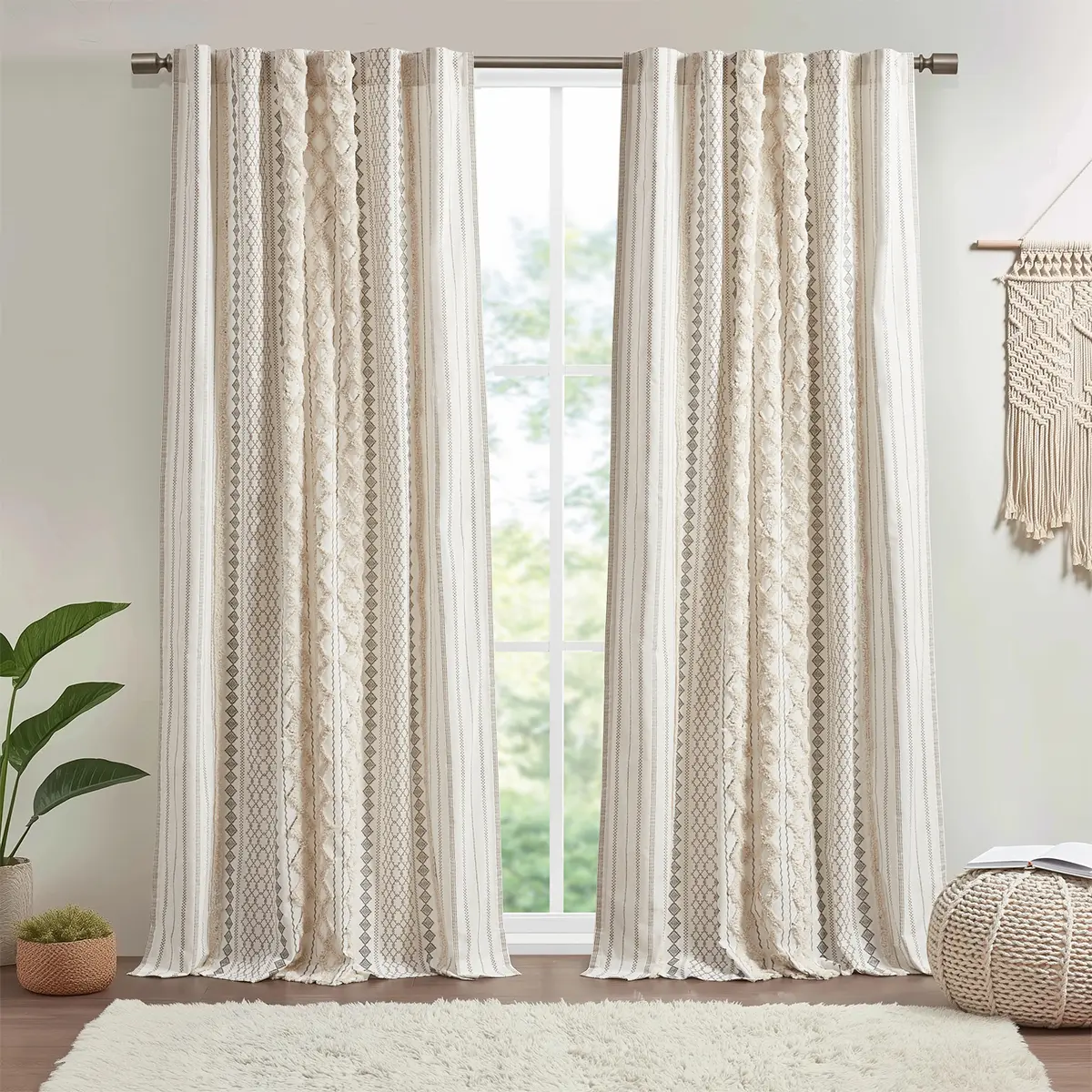 Cotton Printed Window Curtain Panel with Tufted Chenille Stripe Trim - Farmhouse Home Decor Window Drapes for Living Room