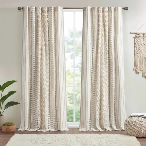 Ivory Cotton Geometric Pattern Curtain Single Panel - 50x84, Rod-Pocket & Back Tab Hang, Tufted Chenille Stripes Trim, Machine-Washable, Wellness-Safe, Soft Texture, Farmhouse Window Drape for Living Room