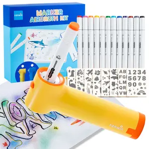 tenwin Electric Airbrush Kit with Compressor, Portable Cordless Air Brush Set with 12 Non-Toxic Markers for Kids with 8 Stencils, Handheld Airbrush Gun for Nail Art, Painting, Gift for Boys & Girls