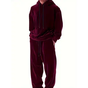 Men's 2pcs Sets, Solid Velour Long Sleeve Hoodie And Drawstring Long Pants Set, Casual Stretchy Outfits for Fall And Winter