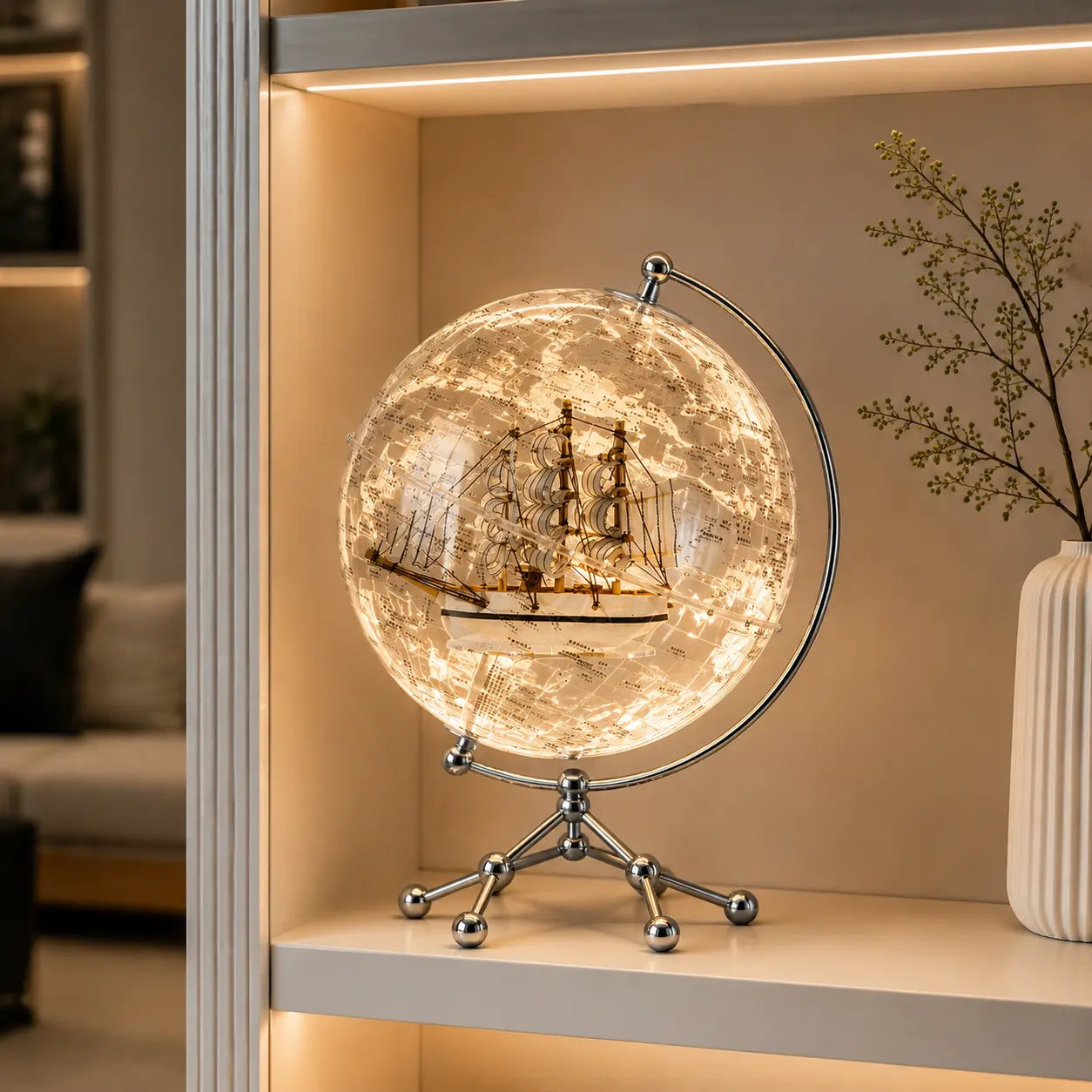 Aris & Juno Vintage Acrylic World Globe with Sailboat, LED Light Up Globe Decor, Unique Christmas Gift for Travel Lovers, Holiday Home Decoration for Living Room, Office Desk and Study Room decorative atmosphere lamp