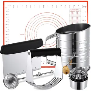 10 Pcs Stainless Steel Pastry Biscuit Cutter Set Includes 3 Cup Flour Sifter Pastry Dough Scraper Silicone Baking Mat Fine Mesh Strainer for Baking Cookies Donuts Cake