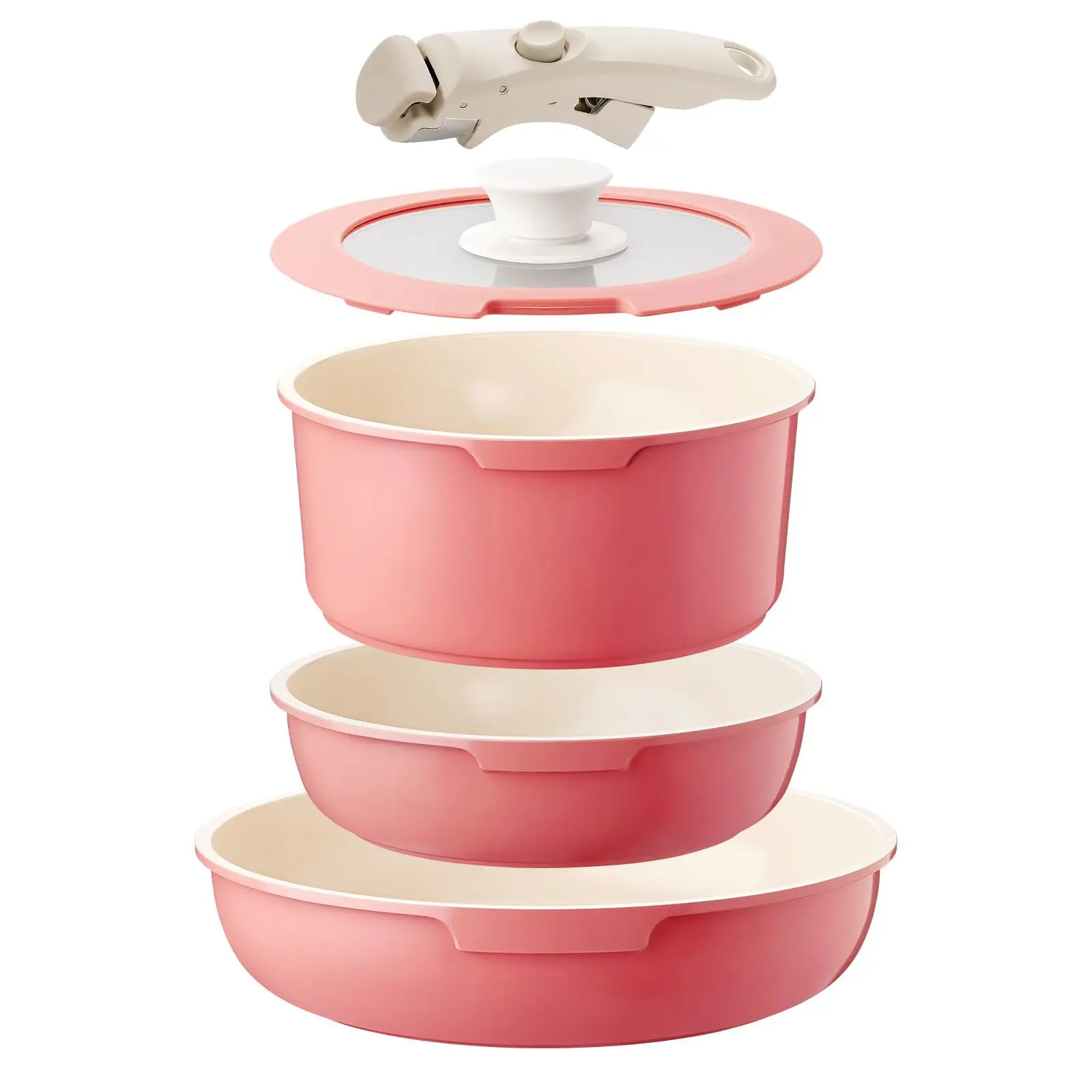 Ceramic Pots And Pans Set Non Stick Pink  5pcs Nonstick Cookware With Detachable Handle Rv Camping Induction Kitchen Pfoa & Ptfe Free
