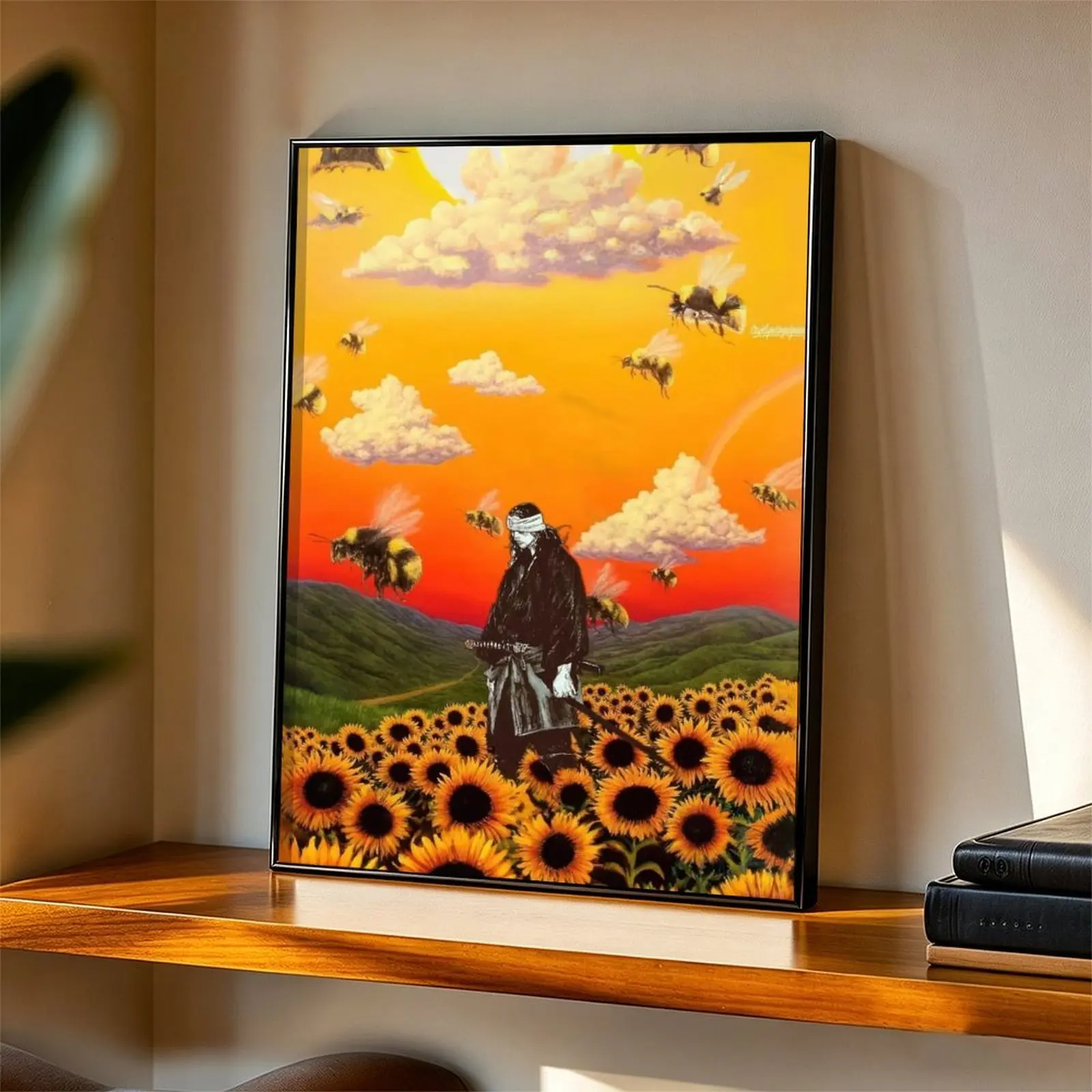 Japanese Samurai Aesthetic Poster, Blindfolded Ronin in Sunflower Field Wall Art for Bedroom, Dorm, and Trendy Room Decor