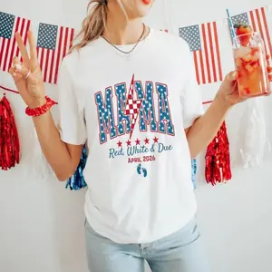 Printed T-shirt - Commemorative Independence Day Pregnancy Announcement Shirt, American mom red and white color T-shirt, patriotic top, Mother's Day top, Independence Day baby reveal outfit, summer casual cotton style, TikTok popular style