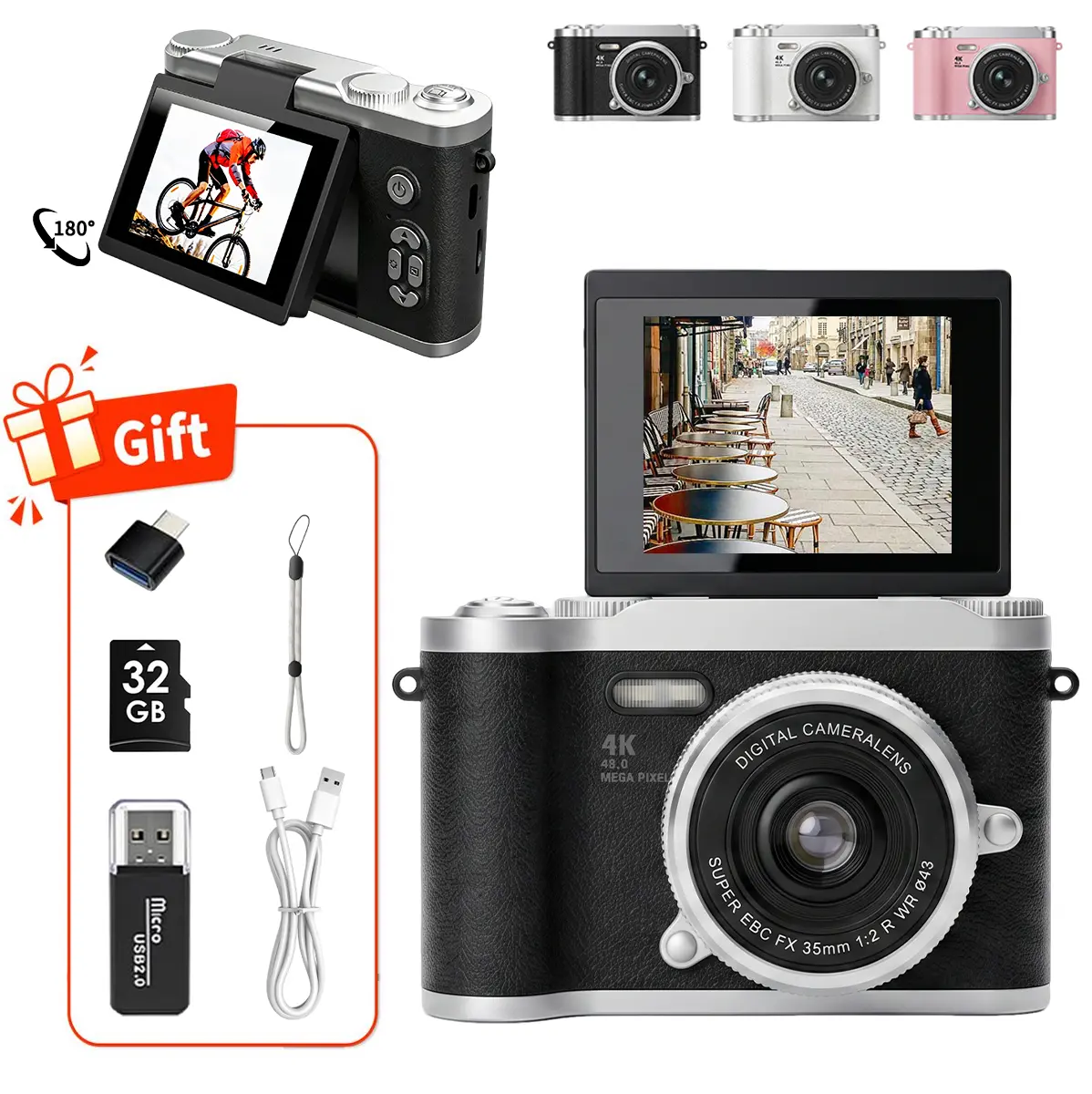 Vintage CCD Sensor Compact Portable Student Camera for Teens - Flip Screen, Pocket Size, Filters, Digital Zoom, Entry-Level, 32GB SD Card, Card Reader, Adapter, Perfect Gift Set