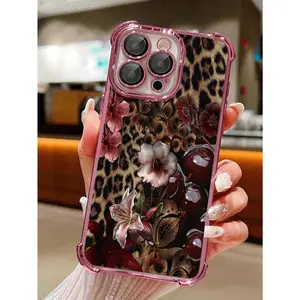 1pc Leopard Cherry Flowers Compatible With Apple Phone17/16/15/14/13/12/11/ProMax/Pro/Plus/Xs Max/XS/X,Four Corner Anti Fall Transparent Soft Shell Anti-Slip, Anti-Drop, Camera Lens Protection, Silicone Anti Wear Phone Case
