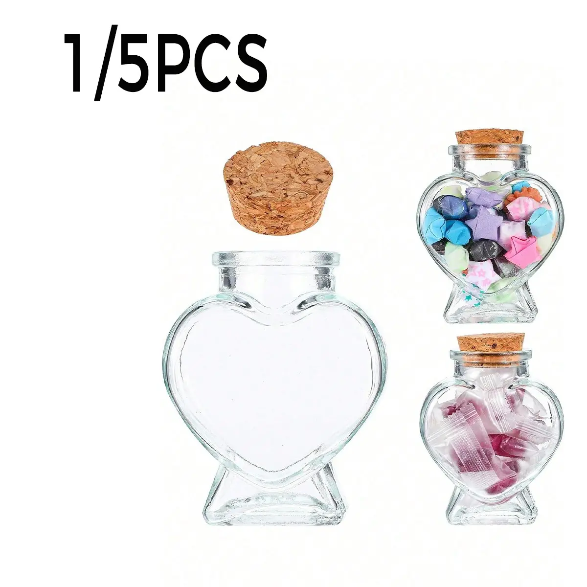 Mini Glass Heart Bottles with Cork, Transparent Float Bottle for DIY Crafts, Party Decorations, Holiday Gifts, Home Decoration