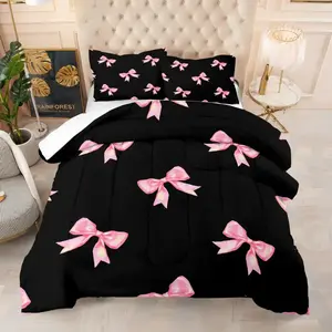 Black and pink bow quilt set, Quilt Bedding Set, including 1 quilt and 1 or 2 pillowcases without pillows, suitable as a gift for girls, soft and warm bedroom decoration for girls