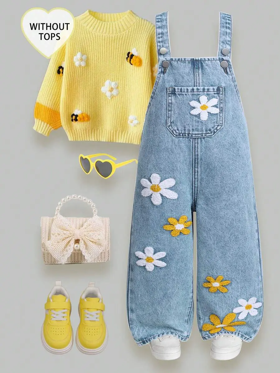 Girls Floral, Heart, Rainbow Graffiti Print Casual Comfortable Soft Denim Jumpsuit Sunflower Girls Outfit Baby Blue Mommy And Me Young Girl