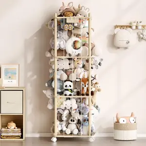 Stuffed Animal Storage Zoo with Wheels, Montessori-Inspired Solid Pine Wood Plush Toy Organizer, Tall Stuffed Animal Holder with Thick Elastic Cords for Kids Room, Nursery,And Bedroom,Large EXPERLAM