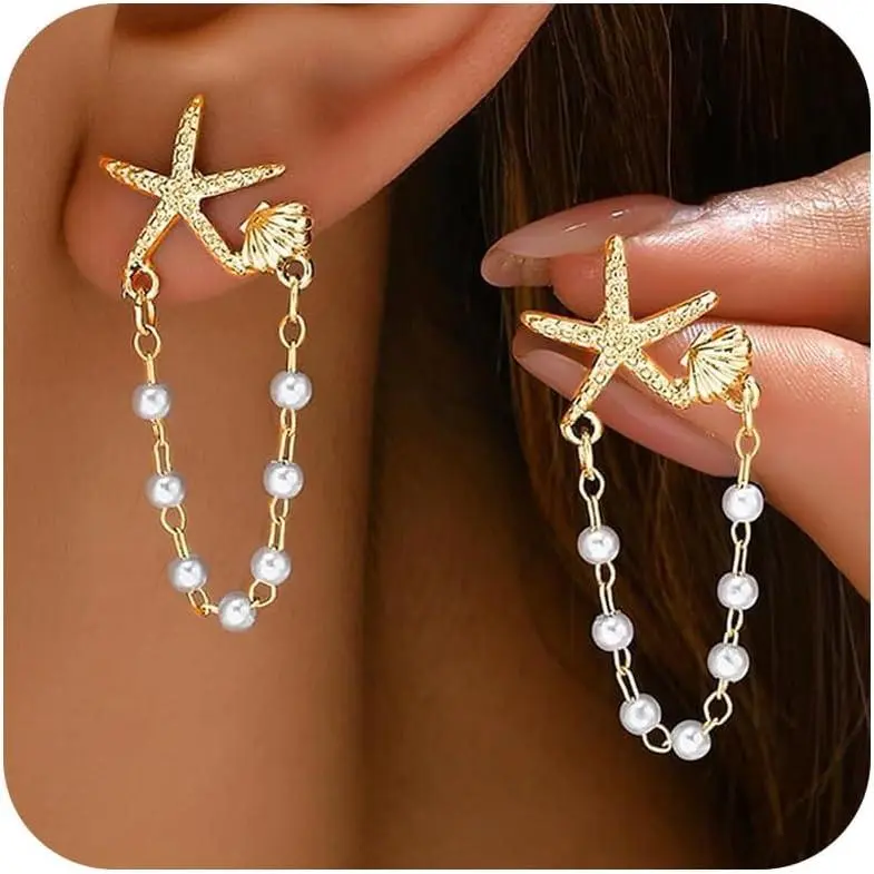 Women's Hypoallergenic Alloy Metal Starfish-Shell Drop Earrings with Artificial Pearl, Ocean Themed Nautical Anniversary Beach Costume Jewelry, 2026 Summer Tropical Vacation Accessories, Ocean Themed Stuff, Coastal, A1:starfish Earrings, A3:silver Earring