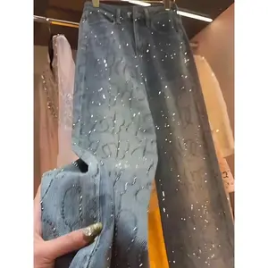 Hot Stamping Diamond Jeans for Women 2025 Spring Autumn Trendy Shiny Rivet Wide Leg Pants Female Straight Loose Denim Pants Can be used with raincoat