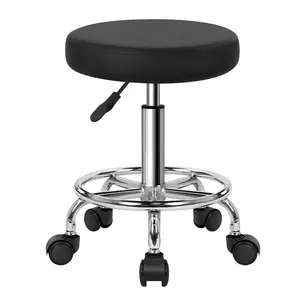 KKTONER PU Leather Round Rolling Stool with Foot Rest Swivel Height Adjustment Spa Drafting Salon Tattoo Work Office Massage Task Stool Chair Black