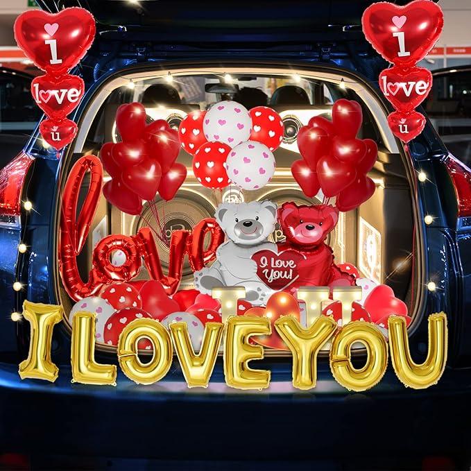 New Deal - Valentines Day Balloons Decorations I Love You Balloons and Heart Balloons Kit with 1000Pcs Red Silk Rose Petals Flower Decoration Love-Bear Heart Print Balloons Banner for Valentine Party Decorations