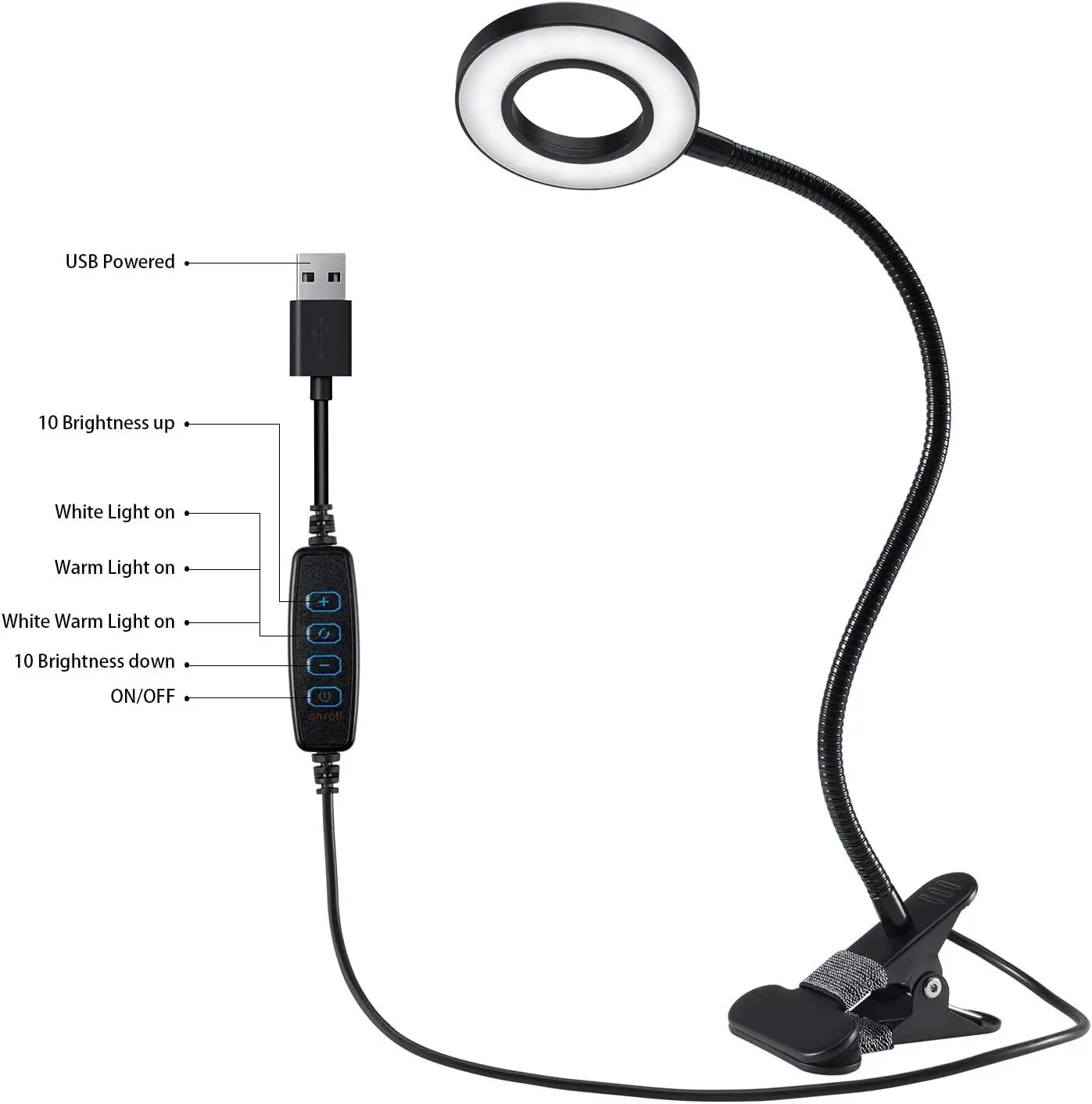 [New deal]- Clip Light Reading Lights 48 LED Clamp-on Desk Lamp with 3 Color Modes and 10 Brightness Dimmable, 360 ° Flexible Gooseneck Book Clamp Light for Video Conference Lighting Headboard