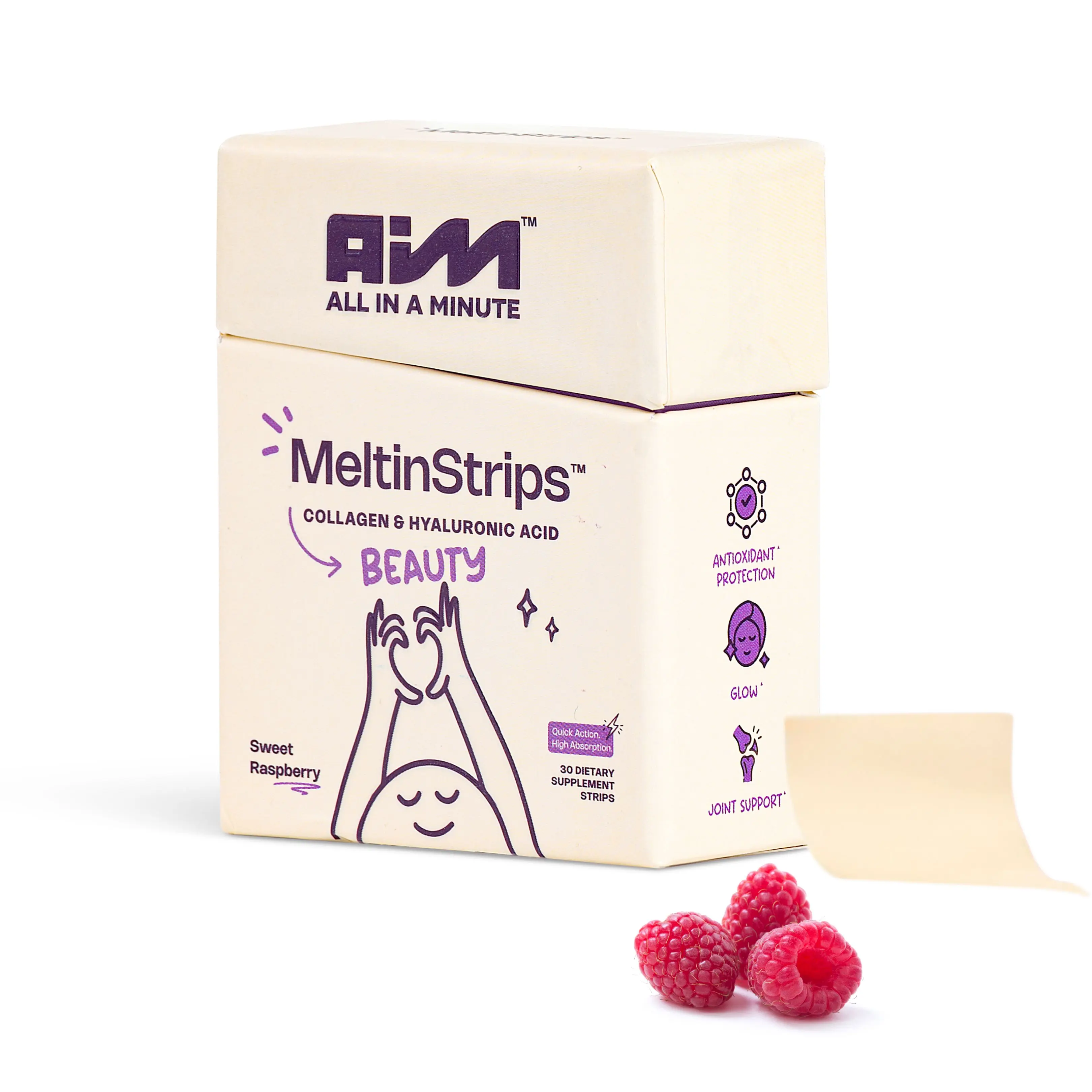 MeltinStrips - Vegan Collagen Oral Strips - 100mg Collagen Peptides + 20mg Hyaluronic Acid+30mg Resveratrol, Healthy Bones, Joints, Skin Elasticity & Hydration, No Sugar, Raspberry Flavor - Edible Skincare - 30 Strips