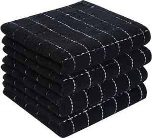 100% Cotton Terry Kitchen Towels(Black, 13 x 28 inches), Checkered Designed, Soft and Super Absorbent Dish Towels, 4 Pack