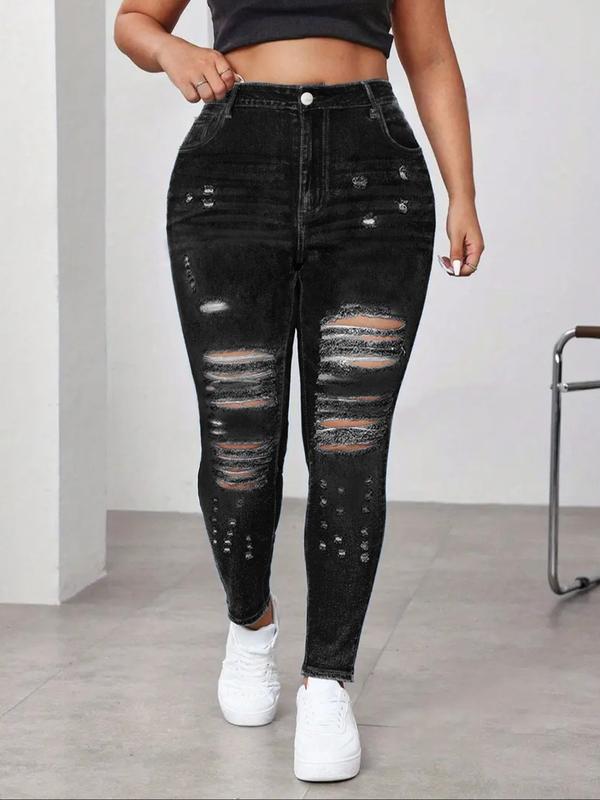 Plus Size Women's Elastic Washed Tight Casual Ripped Skinny Jeans, Distressed High Waist Long Denim Jeans for All Seasons, Sexy Date