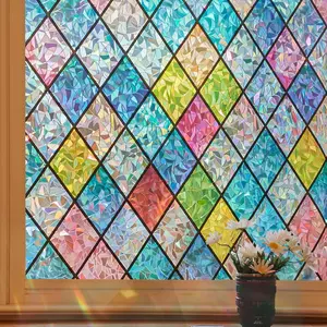 Coavas Window Privacy Film Stained Glass Window Clings 3D Rainbow Film for Glass Door Decorative Colorful Lattice Stickers Static Cling Sun Blocking Door Coverings for Home, 17.5 x 78.7 inch
