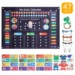 47PCS teaching calendar felt learning board busy board, daily life planning chart cat calendar, today's event schedule, wall-mounted school teaching board I boys and girls birthday gift, time date weather cognition chart 40.2X29, Classroom Supplies
