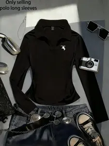 Women's Y2K Gothic Polo Neck Long Sleeve Top Shirts, Slim Fit Fitted Design, Fall & Winter Fashion, Casual Style