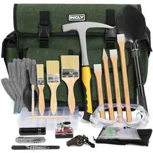 INCLY 26 Packs Upgrade Geology Rock Pick Hammer Kit, 33.8 oz Hammer & 4 PCS Digging Chisels Set for Rock Hounding, Gold Mining & Prospecting Equipment Tool Shovel Musette Bag, Compass, Whistle, Brushes