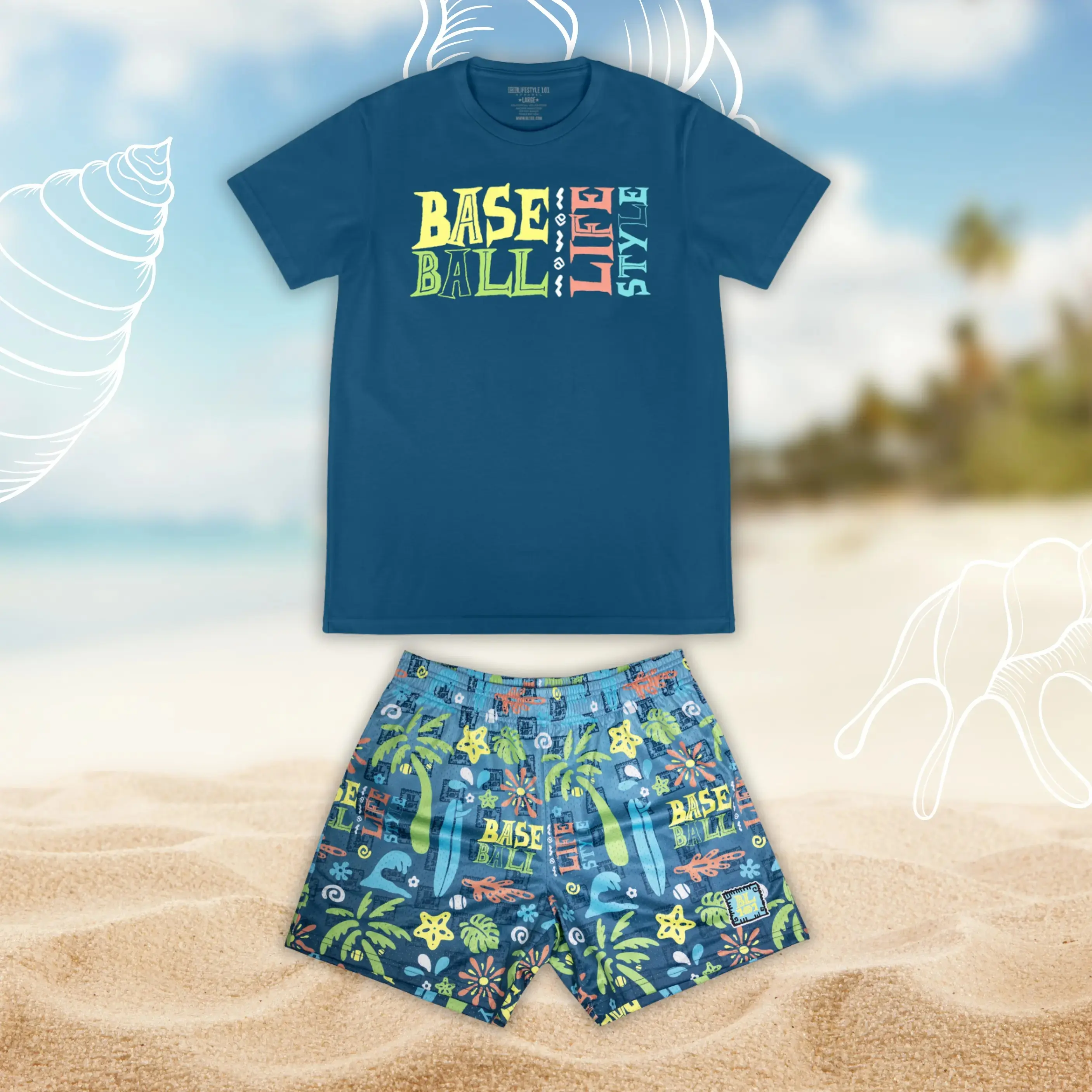 Baseball Lifestyle 101 -  Surfside Slugger Set - Beach Vibe Graphic Outfit | Youth & Adult Tee & Mesh Shorts